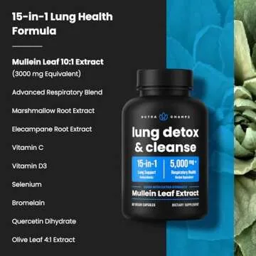 NutraChamps Lung Detox & Cleanse, Mullein Leaf Capsules, 15-in-1 Lung Health Formula for Respiratory, 10:1 Mullein Leaf Extract (3000mg Equivalent), Vegan Lung Support Supplement