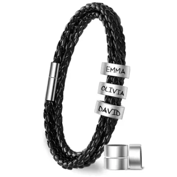 Yofair Custom Mens Bracelet with Family Name Personalized Braided Leather Bracelet Engraved Bracelet...