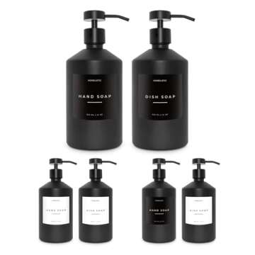 Luxury Glass Soap Dispenser Set of 2 - Elegant Glass Bottles with Matte Black Pumps, Ideal Kitchen D...