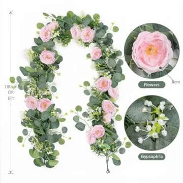 TOCHGREEN Eucalyptus Garland with Pink Roses for Weddings