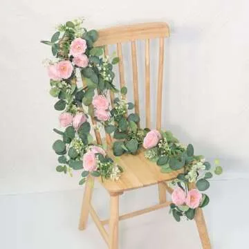 TOCHGREEN Eucalyptus Garland with Pink Roses for Weddings