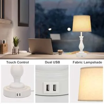 Farmhouse Table Lamp Touch Control 3-Way Dimmable Table Lamp, Modern Nightstand Lamp with 2 USB Port Bedside Desk Lamp with Fabric Shade for Living Room Bedroom Hotel (Pack 1-Off White)