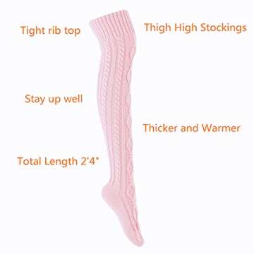 SherryDC Women's Cable Knit Thigh High Boot Socks Extra Long Winter Stockings Leg Warmers Light Pink