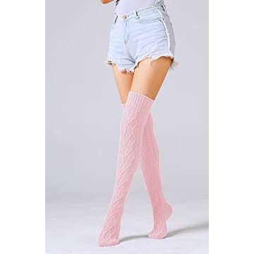 SherryDC Women's Cable Knit Thigh High Boot Socks Extra Long Winter Stockings Leg Warmers Light Pink