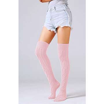 SherryDC Women's Cable Knit Thigh High Boot Socks Extra Long Winter Stockings Leg Warmers Light Pink