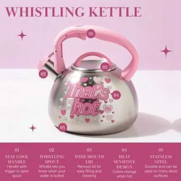 Paris Hilton Whistling Stovetop Tea Kettle, Stainless Steel with Color Changing "That's Hot" Heat Indicator Design, Soft Touch Handle, 2.5-Quart, Pink