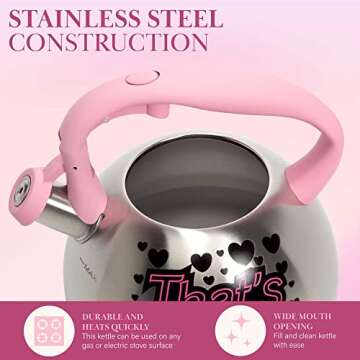 Paris Hilton Whistling Stovetop Tea Kettle, Stainless Steel with Color Changing "That's Hot" Heat Indicator Design, Soft Touch Handle, 2.5-Quart, Pink