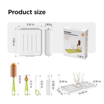 YOTIME Travel Bottle Brush, Travel Bottle Cleaner Kit with Foldable Bottle Drying Rack, for Visit Friends and Relations, Baby Travel Essentials, BPA Free, White