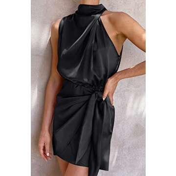 ZESICA Women's 2024 Fashion Satin Sleeveless Halter Neck Tie Waist Wrap Bodycon Cocktail Party Mini ...