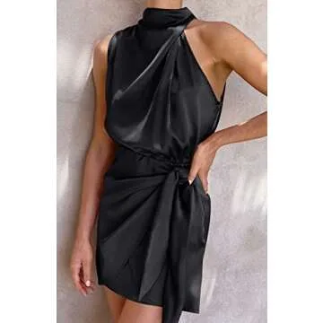 ZESICA Women's 2024 Fashion Satin Sleeveless Halter Neck Tie Waist Wrap Bodycon Cocktail Party Mini ...