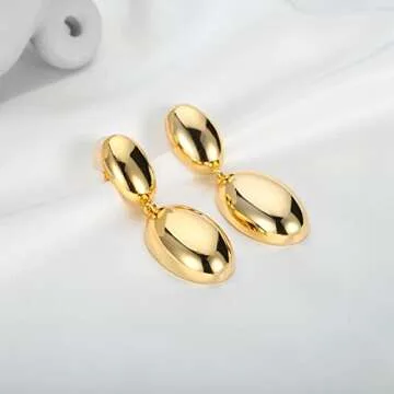 CLASSYZINT Shiny Gold Clip On Earring For Women 2pcs Oval Brass Dome Drop Earrings Geometric Statement Dangle Earrings