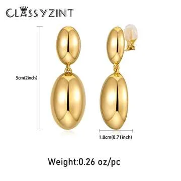CLASSYZINT Shiny Gold Clip On Earring For Women 2pcs Oval Brass Dome Drop Earrings Geometric Statement Dangle Earrings
