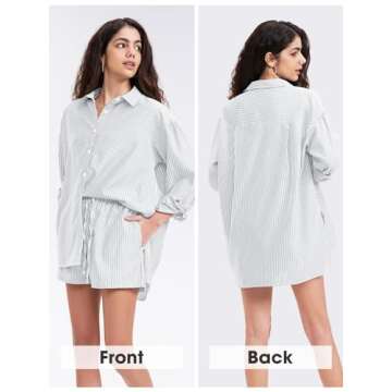 EXLURA Women's Summer 2 Piece Sets Long Sleeve Button Down Shirts Matching Short Sets Oversized Spring Vacation Outfits 2025