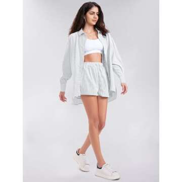 EXLURA Women's Summer 2 Piece Sets Long Sleeve Button Down Shirts Matching Short Sets Oversized Spring Vacation Outfits 2025