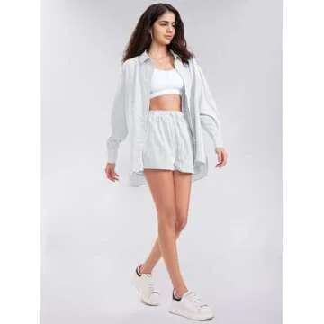 EXLURA Women's Summer 2 Piece Sets Long Sleeve Button Down Shirts Matching Short Sets Oversized Spring Vacation Outfits 2025