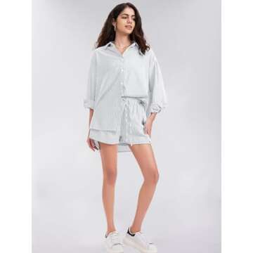 EXLURA Women's Summer 2 Piece Sets Long Sleeve Button Down Shirts Matching Short Sets Oversized Spring Vacation Outfits 2025
