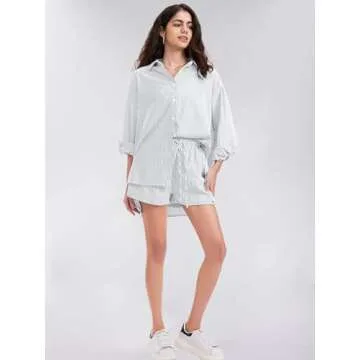 EXLURA Women's Summer 2 Piece Sets Long Sleeve Button Down Shirts Matching Short Sets Oversized Spring Vacation Outfits 2025