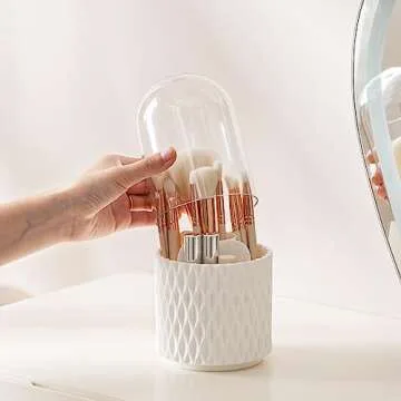 HBlife Makeup Brush Holder with Lid 360 Rotating Makeup Brush Organizer with Cover Cosmetic Organizer Dustproof Makeup Brushes Container Spinning Brush Holder for Vanity and Bathroom, Ripple