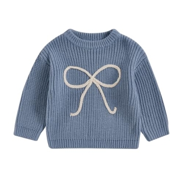 Lamuusaa Toddler Baby Girl Knit Sweater Big Bow Embroidery Sweater Pullover Crewneck Sweatshirt Shir...