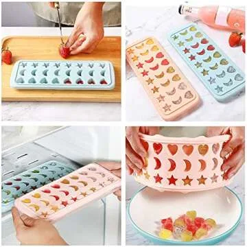 24 Cavity Heart Moon Star Silicone Ice Tray Easy Release Ice Molds Flexible Ice Cube Maker with Removable Lid Dropper for Freezer Pink