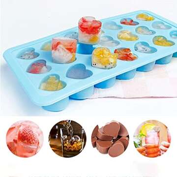 24 Cavity Heart Moon Star Silicone Ice Tray Easy Release Ice Molds Flexible Ice Cube Maker with Removable Lid Dropper for Freezer Pink