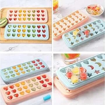 24 Cavity Heart Moon Star Silicone Ice Tray Easy Release Ice Molds Flexible Ice Cube Maker with Removable Lid Dropper for Freezer Pink