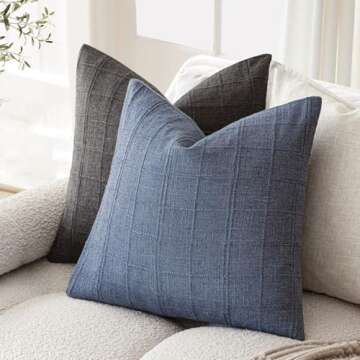 Foindtower Set of 2 Decorative Linen Check Throw Pillow Covers Neutral Farmhouse Vintage Cushion Covers Modern Coastal Boho Home Decor for Sofa Chair Couch Bedroom Living Room Outdoor,18×18 Inch,Blue