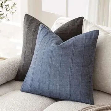 Foindtower Set of 2 Decorative Linen Check Throw Pillow Covers Neutral Farmhouse Vintage Cushion Covers Modern Coastal Boho Home Decor for Sofa Chair Couch Bedroom Living Room Outdoor,18×18 Inch,Blue