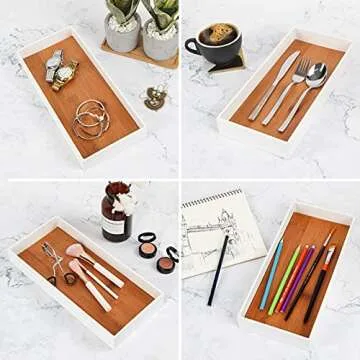 J JACKCUBE DESIGN Leather Bamboo Vanity Tray, Bathroom Organizer, Catch All Valet Tray for Women Perfume, Jewelry, Makeup, Candles, Key, Phone, Sunglasses (White)- MK205B