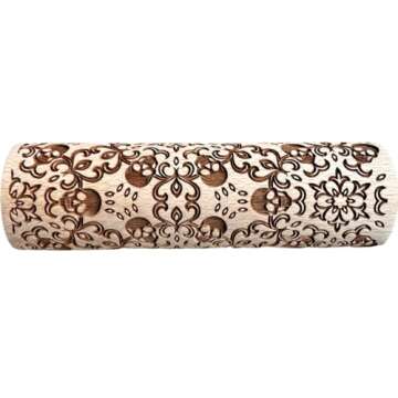 SKULL WREATH Embossing Rolling Pin with SKULLS, Spooky, Death's-head, Halloween Sugar. Laser Engraved Dough Roller for Embossing Homemade Halloween Cookies by Algis Crafts