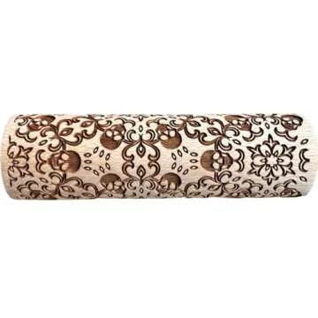 SKULL WREATH Embossing Rolling Pin with SKULLS, Spooky, Death's-head, Halloween Sugar. Laser Engraved Dough Roller for Embossing Homemade Halloween Cookies by Algis Crafts
