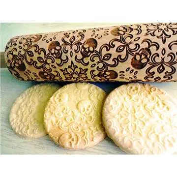 SKULL WREATH Embossing Rolling Pin with SKULLS, Spooky, Death's-head, Halloween Sugar. Laser Engraved Dough Roller for Embossing Homemade Halloween Cookies by Algis Crafts