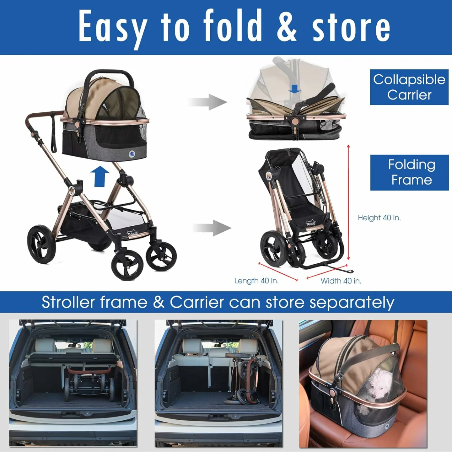 HPZ 3-in-1 Pet Rover Stroller for Medium & Small Pets