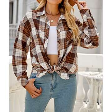 CHYRII Womens Button Down Flannel Shirts Long Sleeve Plaid Shacket Business Casual Blouse Topss Choc...