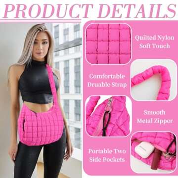 Quilted Puffer Tote Bag Large Puffy Crossbody Shoulder Bag, Lightweight Soft Nylon Quilted Oversized Padding Hobo Tote Bag Handbags Puff Purse Carryall Gym Bag Trendy Tote for Women(Rose Red)