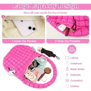 Quilted Puffer Tote Bag Large Puffy Crossbody Shoulder Bag, Lightweight Soft Nylon Quilted Oversized Padding Hobo Tote Bag Handbags Puff Purse Carryall Gym Bag Trendy Tote for Women(Rose Red)