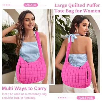 Quilted Puffer Tote Bag Large Puffy Crossbody Shoulder Bag, Lightweight Soft Nylon Quilted Oversized Padding Hobo Tote Bag Handbags Puff Purse Carryall Gym Bag Trendy Tote for Women(Rose Red)