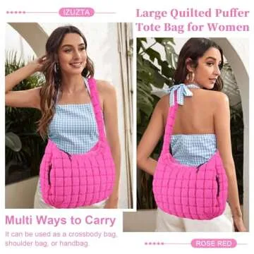 Quilted Puffer Tote Bag Large Puffy Crossbody Shoulder Bag, Lightweight Soft Nylon Quilted Oversized Padding Hobo Tote Bag Handbags Puff Purse Carryall Gym Bag Trendy Tote for Women(Rose Red)