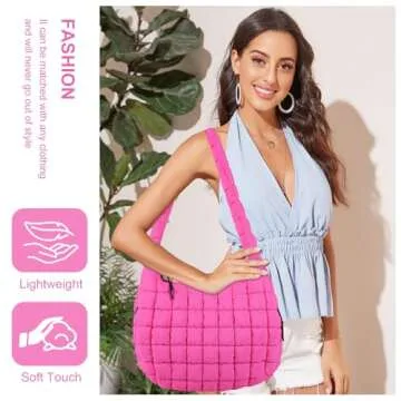 Quilted Puffer Tote Bag Large Puffy Crossbody Shoulder Bag, Lightweight Soft Nylon Quilted Oversized Padding Hobo Tote Bag Handbags Puff Purse Carryall Gym Bag Trendy Tote for Women(Rose Red)