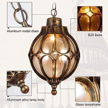 SLAWA Outdoor Pendant Lights for Porch, Vintage Exterior Hanging Lantern with Spherical Glass Lampsh...