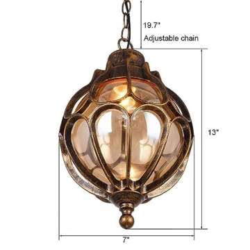 SLAWA Outdoor Pendant Lights for Porch, Vintage Exterior Hanging Lantern with Spherical Glass Lampshade, Bronze Aluminum Fixture for Gazebo, Entry, Yard