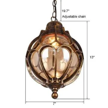 SLAWA Outdoor Pendant Lights for Porch, Vintage Exterior Hanging Lantern with Spherical Glass Lampshade, Bronze Aluminum Fixture for Gazebo, Entry, Yard