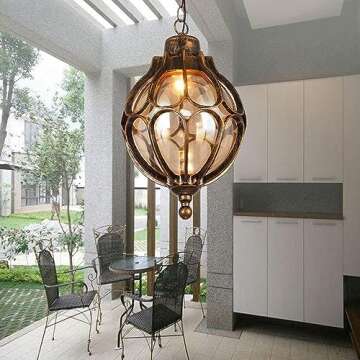 SLAWA Outdoor Pendant Lights for Porch, Vintage Exterior Hanging Lantern with Spherical Glass Lampshade, Bronze Aluminum Fixture for Gazebo, Entry, Yard