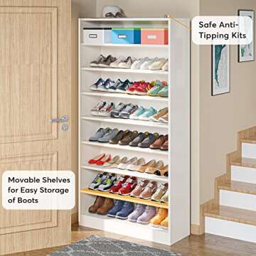 Tribesigns Shoe Cabinet, 9 Tiers 40-45 Pairs Heavy Duty Wood Freestanding Shoe Storage Cabinet, 70.8'' Tall Shoe Cabinet with Open Storage for Entryway, White