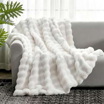 Cozy Bliss Faux Fur Throw Blanket for Couch, Fuzzy Soft Plush Thick Bubble Blanket for Sofa Bedroom Living Room, 60 * 80 Inches Cream White