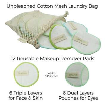 TANUMI Reusable Makeup Remover Cotton Pads - Eco-Friendly 12 Pack, Perfect for Sustainable Beauty