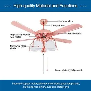 Tropicalfan Metal Ceiling Fan With Remote Control 5 Glass Light Cover Home Decoration Living Room Bedroom 5 Reversible Blades Quiet Fans Chandelier Rose Gold (5 Lights)