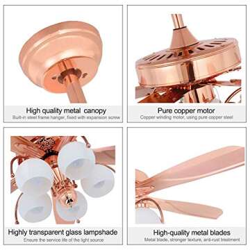 Tropicalfan Metal Ceiling Fan With Remote Control 5 Glass Light Cover Home Decoration Living Room Bedroom 5 Reversible Blades Quiet Fans Chandelier Rose Gold (5 Lights)