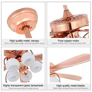 Tropicalfan Metal Ceiling Fan With Remote Control 5 Glass Light Cover Home Decoration Living Room Bedroom 5 Reversible Blades Quiet Fans Chandelier Rose Gold (5 Lights)