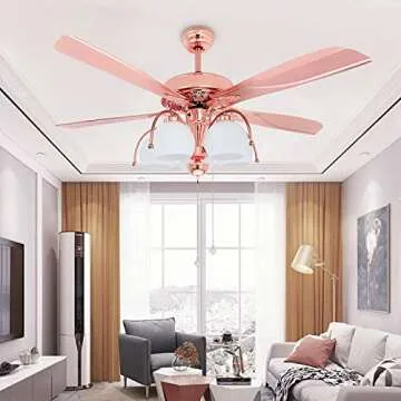 Tropicalfan Metal Ceiling Fan With Remote Control 5 Glass Light Cover Home Decoration Living Room Bedroom 5 Reversible Blades Quiet Fans Chandelier Rose Gold (5 Lights)